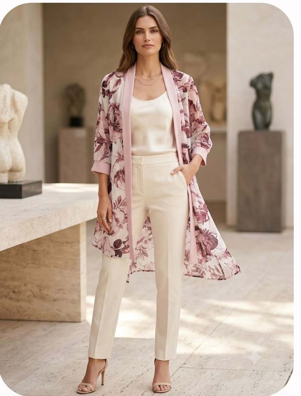 R & M Collection Floral Print Shimmer Open-Front Duster Jacket